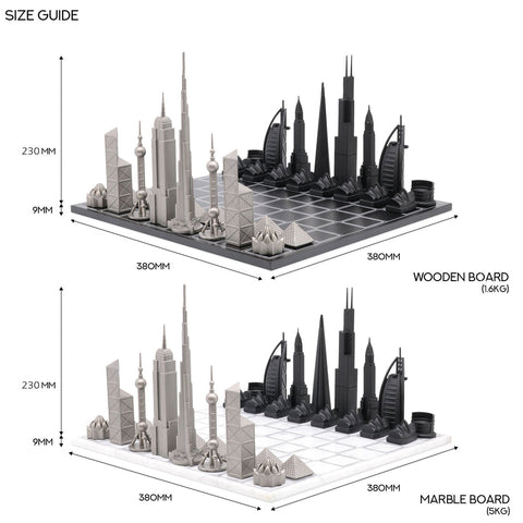 SCACCHI SKYLINE STAINLESS STEEL WORLD ICONS EDITION (WITH MARBLE GRID BOARD) 249S- WHITE