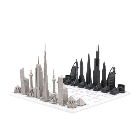 SCACCHI SKYLINE STAINLESS STEEL WORLD ICONS EDITION (WITH MARBLE GRID BOARD) 249S- WHITE
