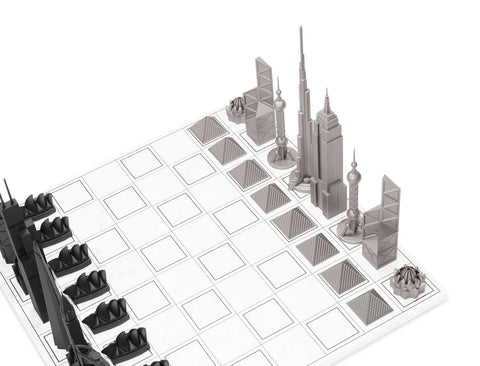 SCACCHI SKYLINE STAINLESS STEEL WORLD ICONS EDITION (WITH MARBLE GRID BOARD) 249S- WHITE