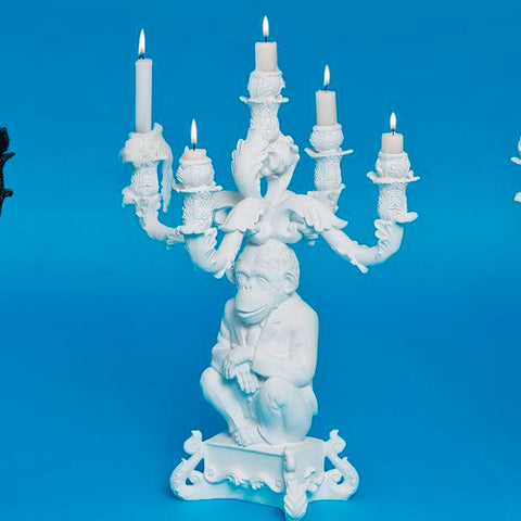 "CANDELABRO 5 BRACCIA BURLESQUE THE WISE CHIMPANZEE H. CM. 48 BIANCO SELETTI"