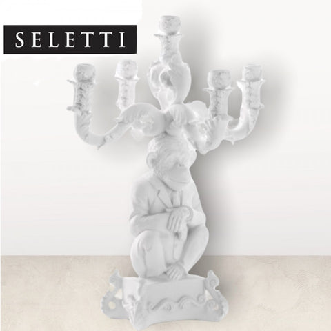 "CANDELABRO 5 BRACCIA BURLESQUE THE WISE CHIMPANZEE H. CM. 48 BIANCO SELETTI"