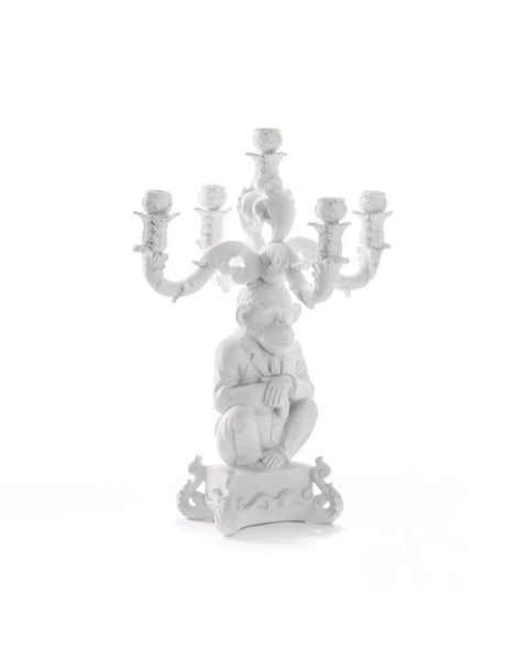 "SELETTI 5-ARM BURLESQUE DER WEISE SCHIMPANSE KERZENLEUCHTER, 48 CM HOCH, WEISS"