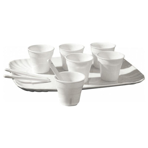 SELETTI SET MIT 6 KAFFEEGLÄSERN + 6 RÜHRSTÄBCHEN + TABLETT CM. 18,5X27 AUS PORZELLAN