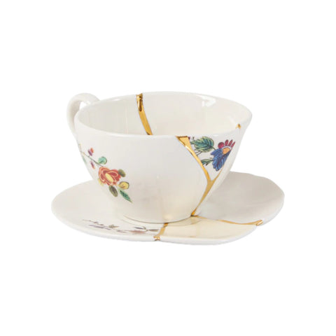 SET DA TE TAZZA E PIATTINO PORCELLANA KINTSUGI 09648 SELETTI WHITE