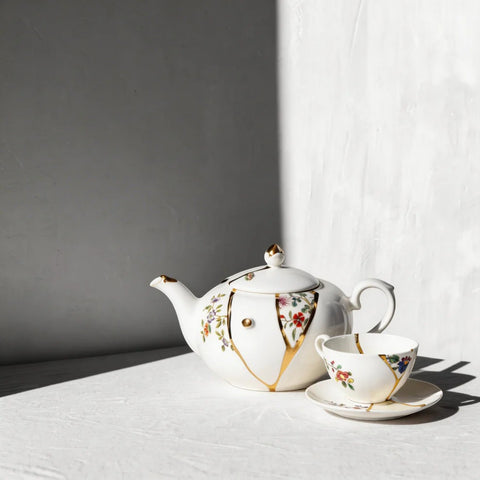 SET DA TE TAZZA E PIATTINO PORCELLANA KINTSUGI 09648 SELETTI WHITE